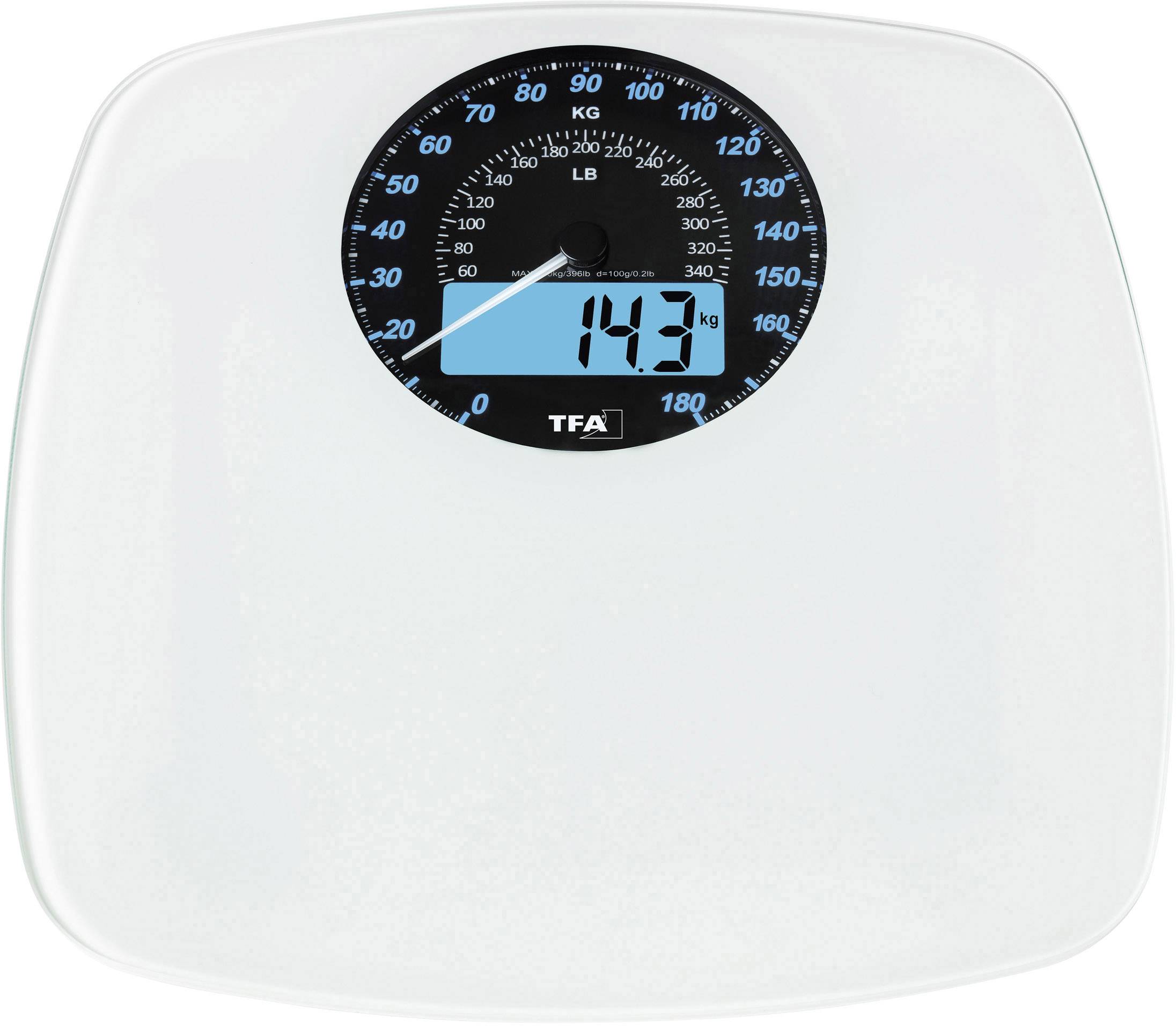 'Digitale Personenwaage zeigt 143 kg' in blauem Display.
