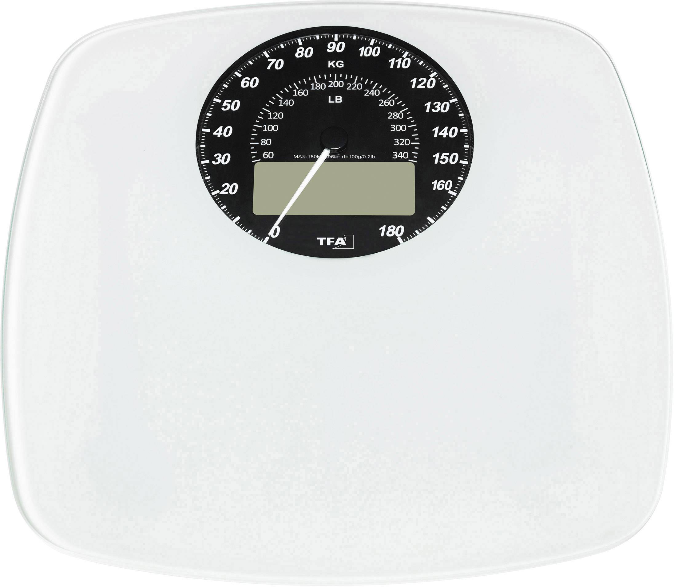 Analoge Personenwaage mit schwarzem Zifferblatt, zeigt Gewicht in Kilogramm und Pfund. Großer LCD-Bildschirm darunter.