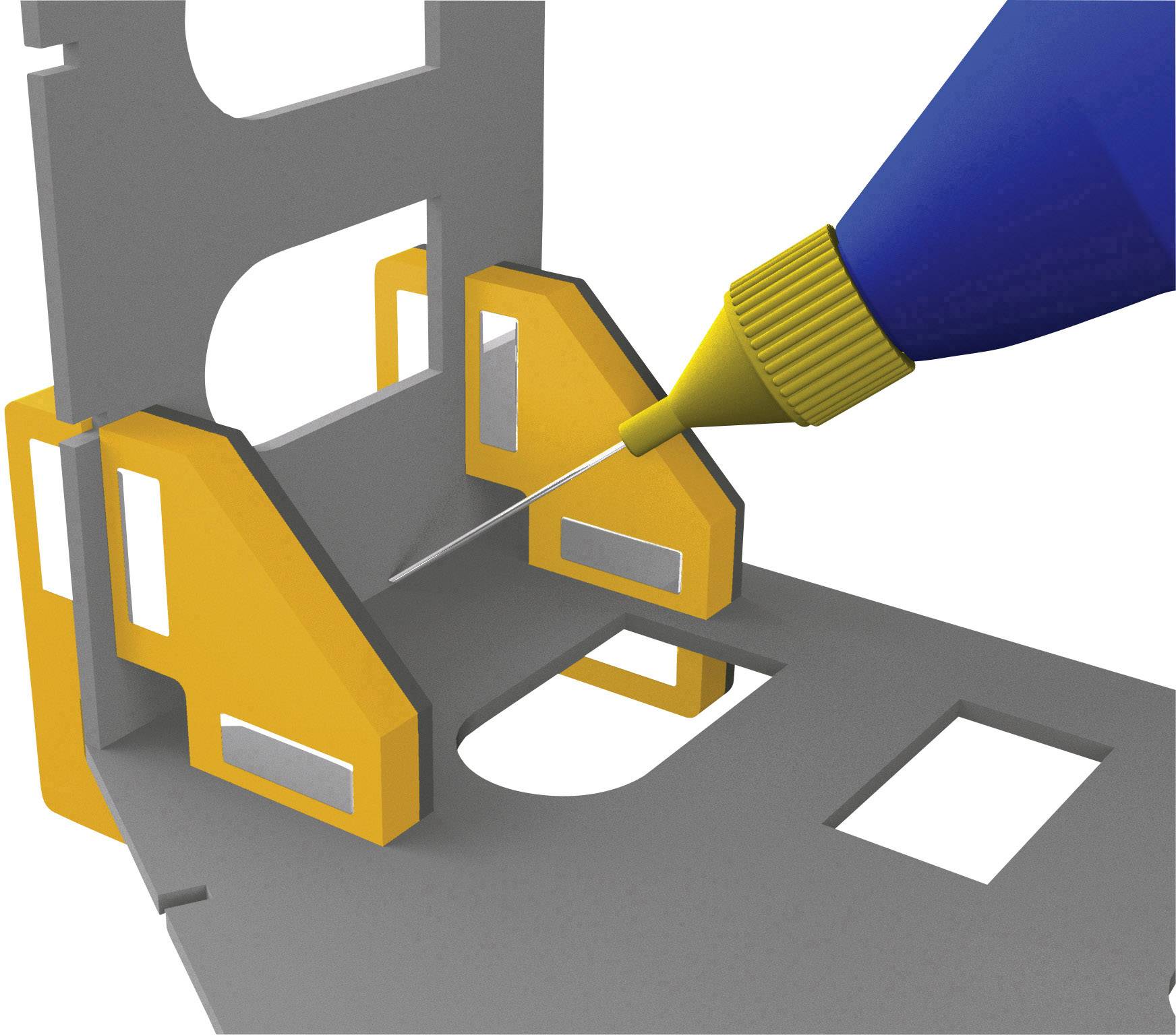 Modellbausatz mit einer blauen Klebeflasche, die Kleber an Konstruktionsverbindungen aufträgt. Fokus auf Präzisionsarbeit.