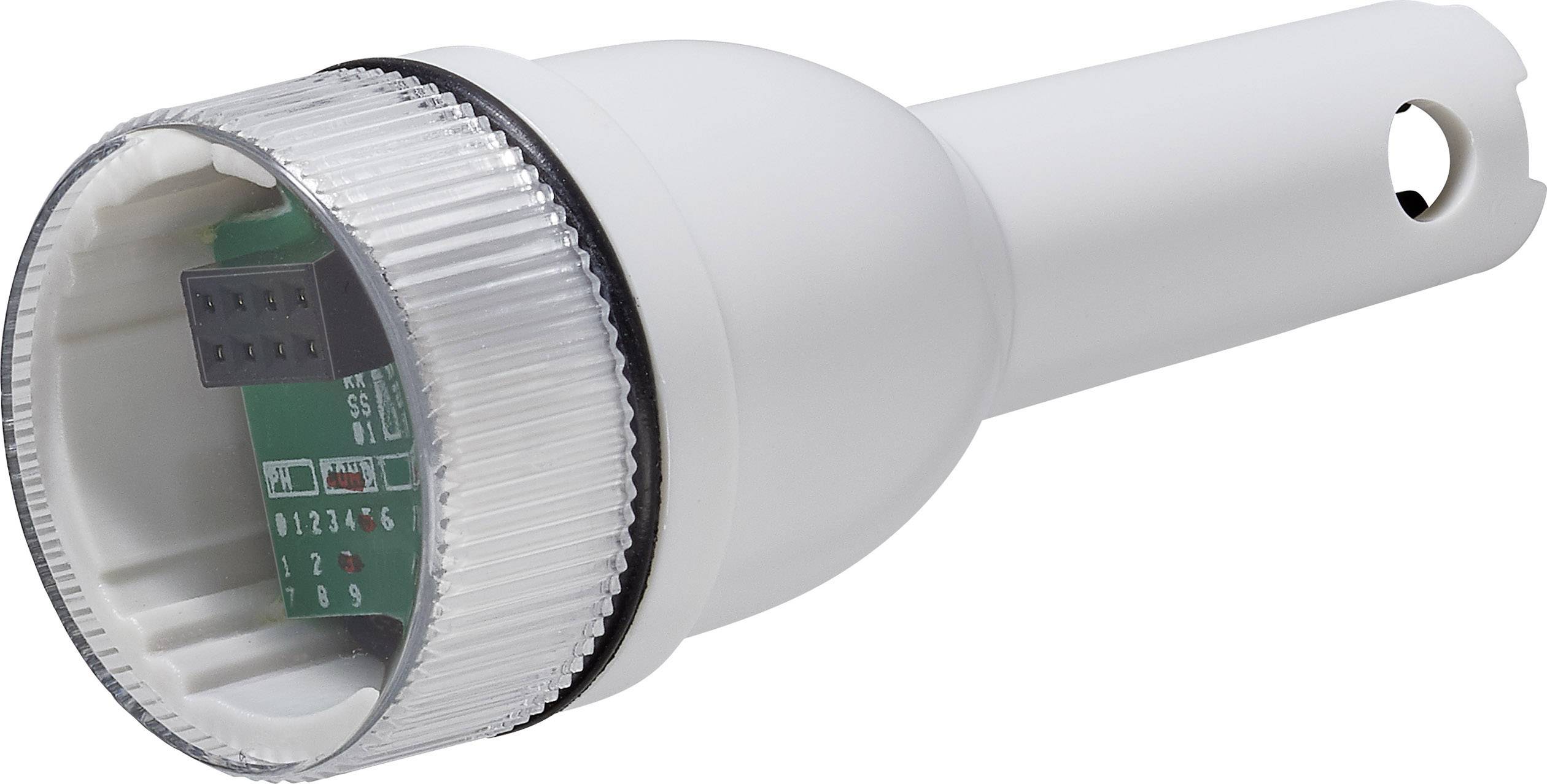 Ein weißer, zylindrischer Sensor mit sichtbarer Schaltung im Inneren, vermutlich zur Messung von Umweltdaten, auf weißem Hintergrund.