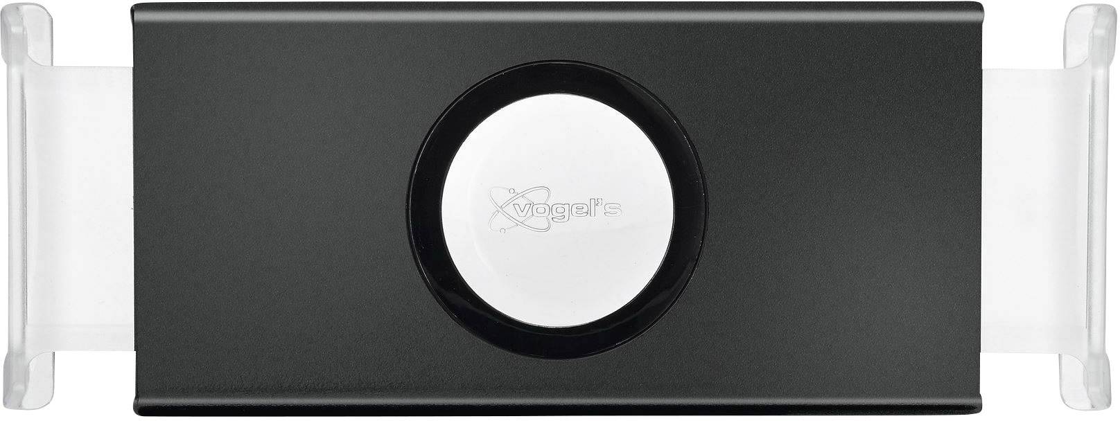 Eine schwarze Halterung mit einer runden, weißen Fläche in der Mitte und klaren Kanten an den Seiten, zur Befestigung von Geräten.