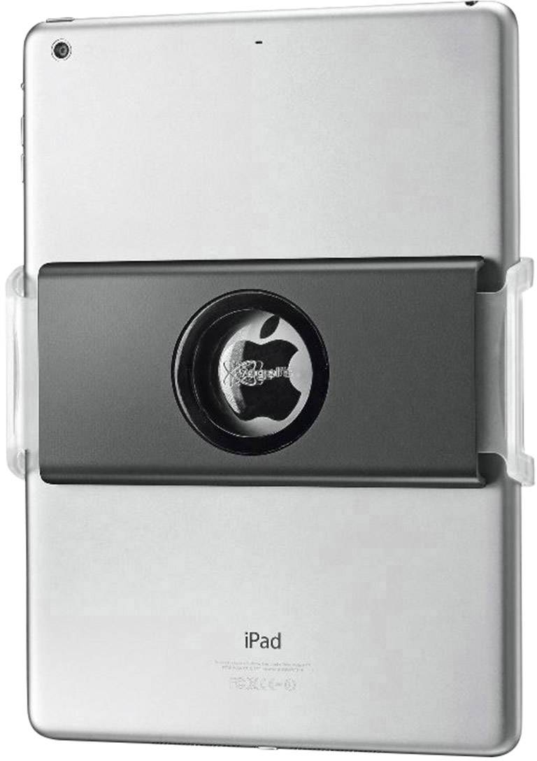 Eine Rückansicht eines Tablets, das in einer Halterung befestigt ist. Das Apple-Logo ist sichtbar.