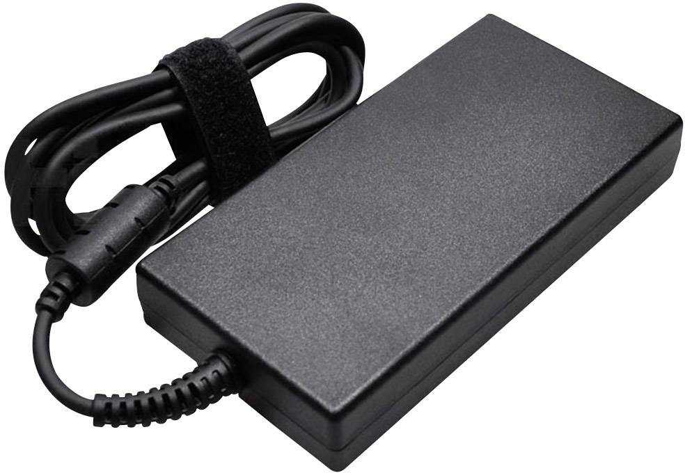 Schwarzes Laptop-Netzteil mit angeschlossenem Kabel.