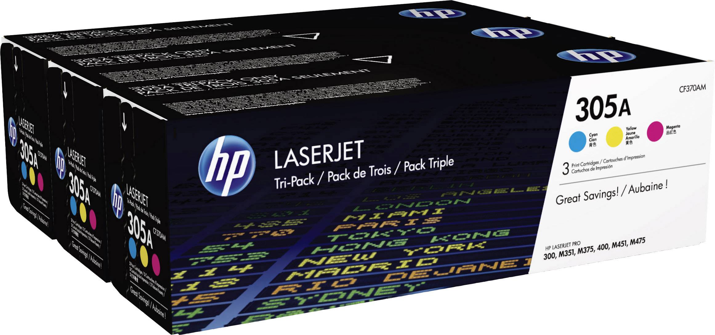 Dreierpack HP 305A Tonerkartuschen in Schwarz, Cyan, Magenta und Gelb für LaserJet-Drucker. Eignet sich ideal für hohe Druckvolumen.