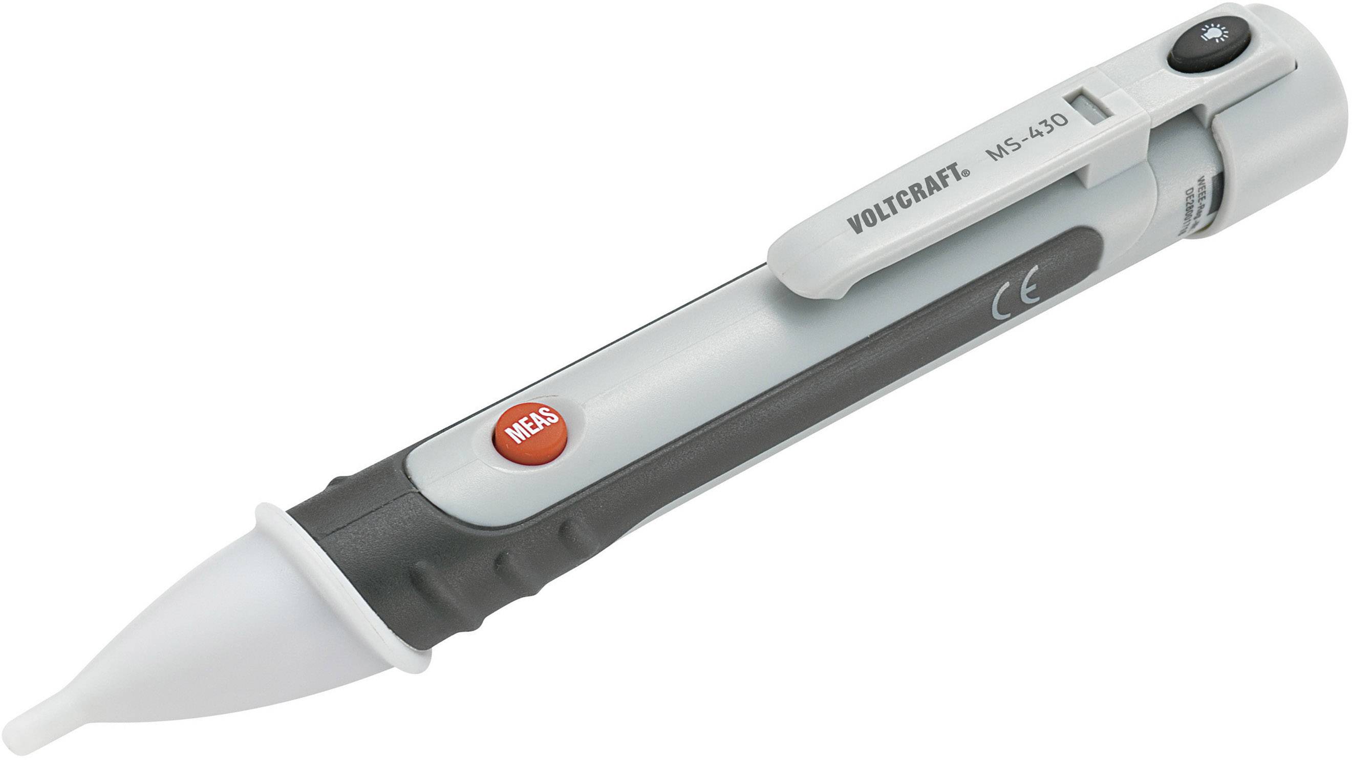 Ein berührungsloser Spannungsprüfer in Stiftform mit Clip und LED-Anzeige. Markennamen sind sichtbar.