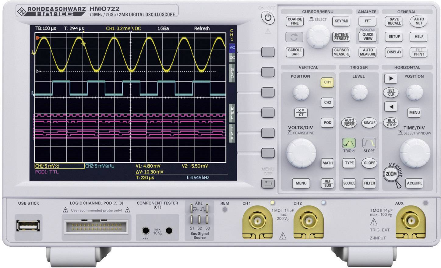 Digital-Oszilloskop Rohde & Schwarz HMO722 70 MHz 10-Kanal 1 GSa/s 1 Mpts 8 Bit Digital-Speicher (DSO), Mixed-Signal (MSO), Spectrum-Analyser