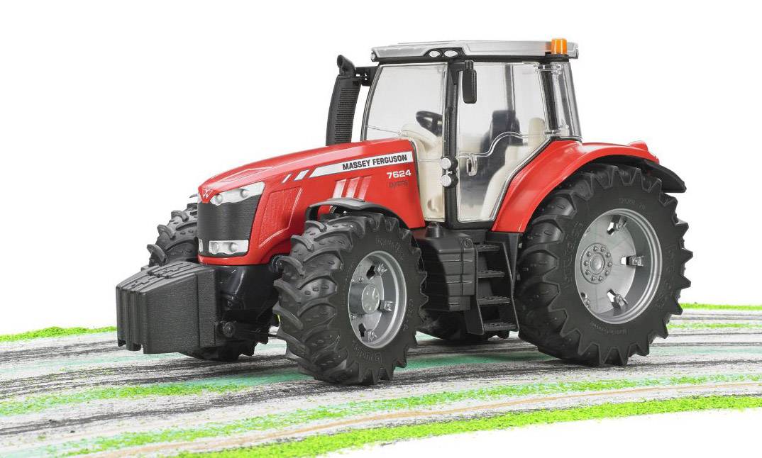 Ein roter Traktor auf einem gezeichneten Hintergrund mit Graslinien. Der Traktor hat große Reifen und ein Fahrerkabine.
