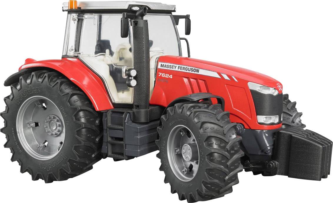 Ein roter Spielzeugtraktor mit großen schwarzen Reifen, die Aufschrift 'Massey Ferguson 7624' ist auf der Seite zu sehen.