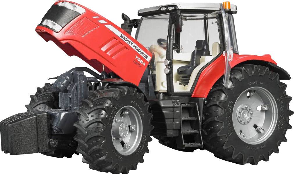 Ein roter Traktor mit der Aufschrift 'Massey Ferguson 7480', hervorgehobene Frontansicht, große schwarze Reifen, und ein heller Innenraum.