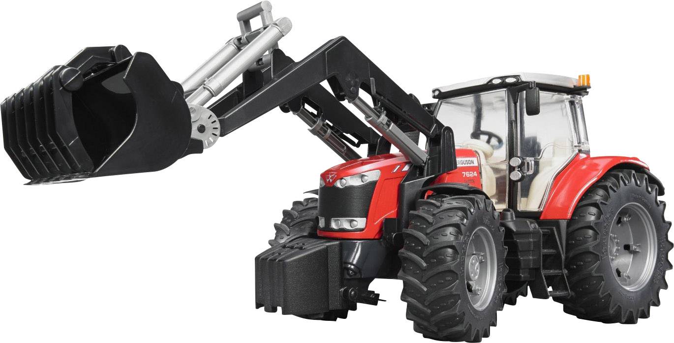 Roter Traktor mit großer Schaufel, angehoben; geeignet für Landwirtschafts- oder Bauarbeiten.