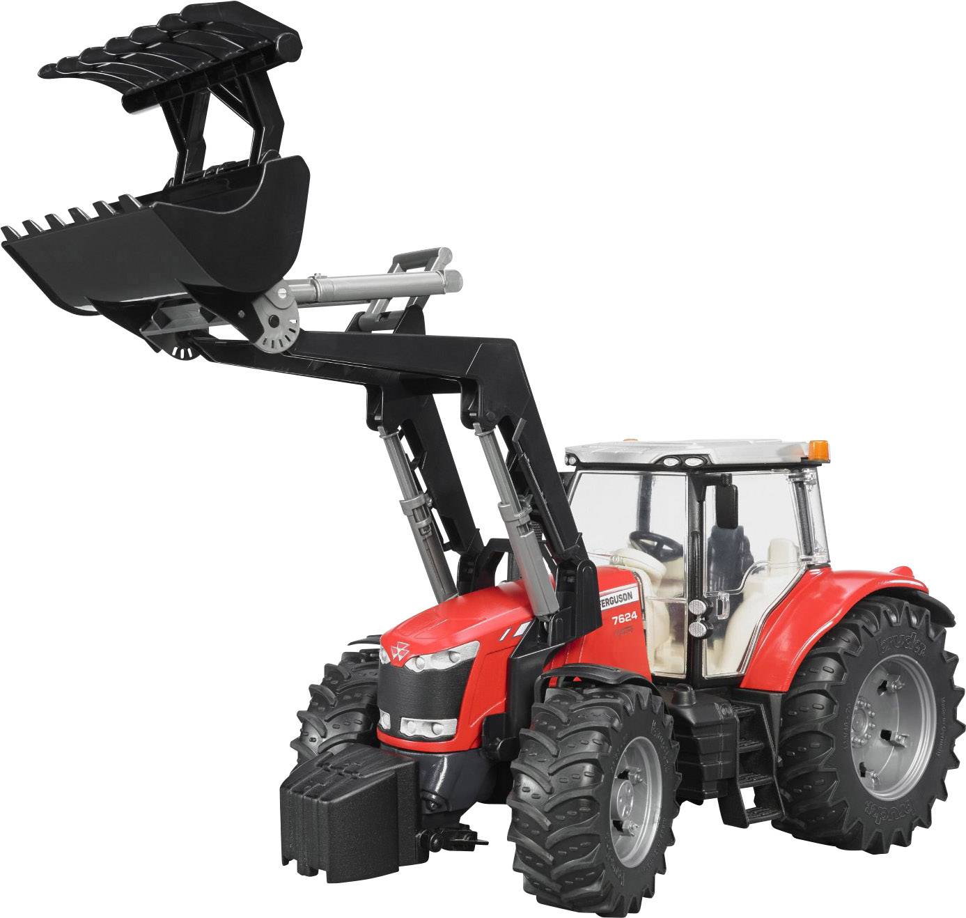 Ein roter Spielzeugtraktor mit Frontlader ist abgebildet. Der Frontlader ist angehoben, der Traktor steht auf dicken Reifen.