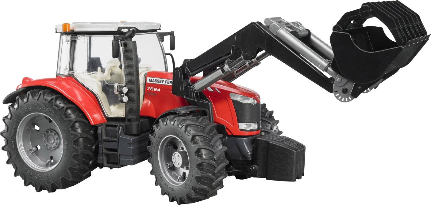 Ein roter Spielzeugtraktor mit Frontlader, der 'Massey Ferguson 7624' aufgedruckt hat. Der Traktor steht auf einer ebenen Fläche.
