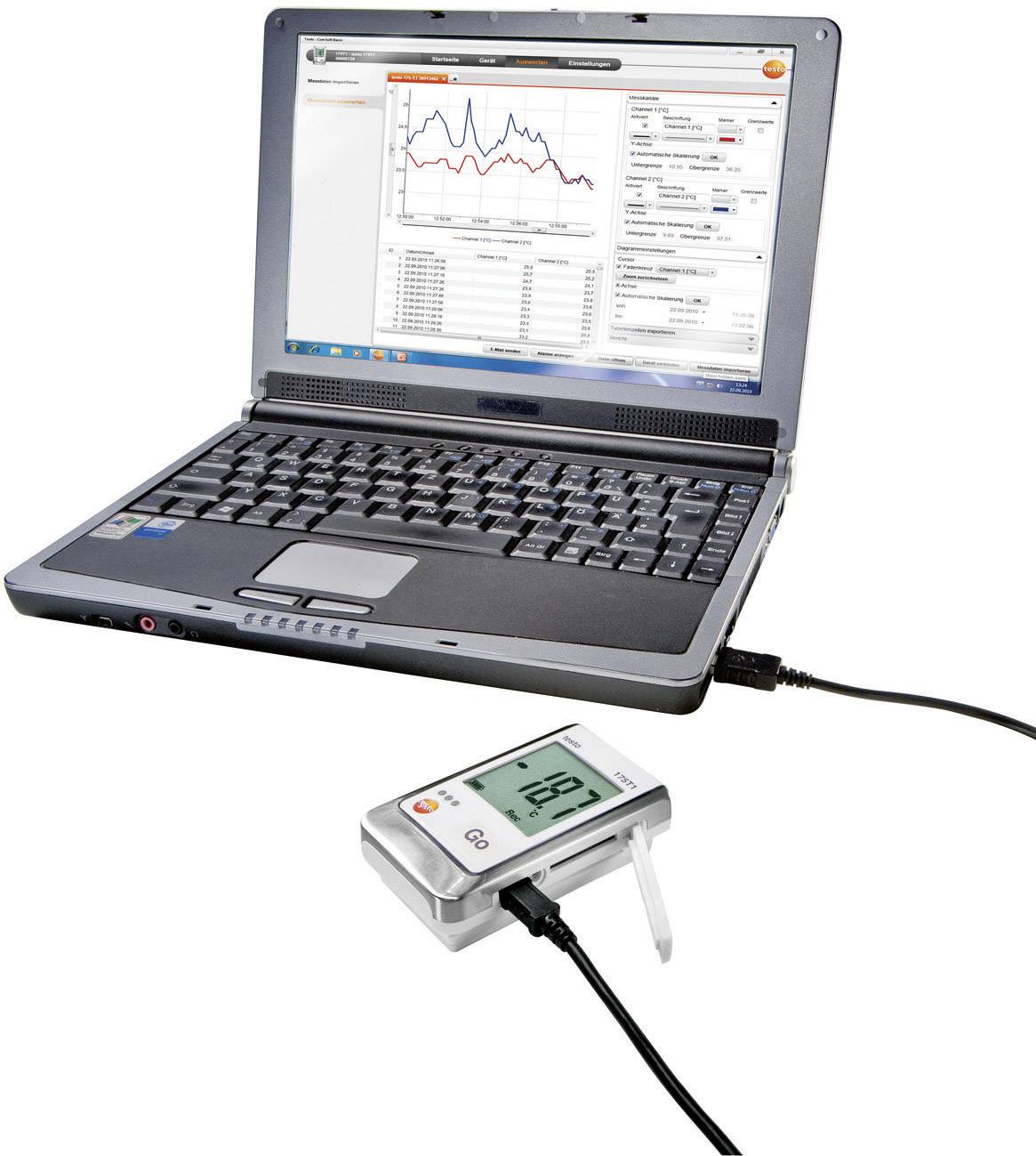 Ein Laptop zeigt ein Diagramm zur Temperaturüberwachung. Ein Messgerät ist über ein Kabel angeschlossen und zeigt '-18,1°C'.