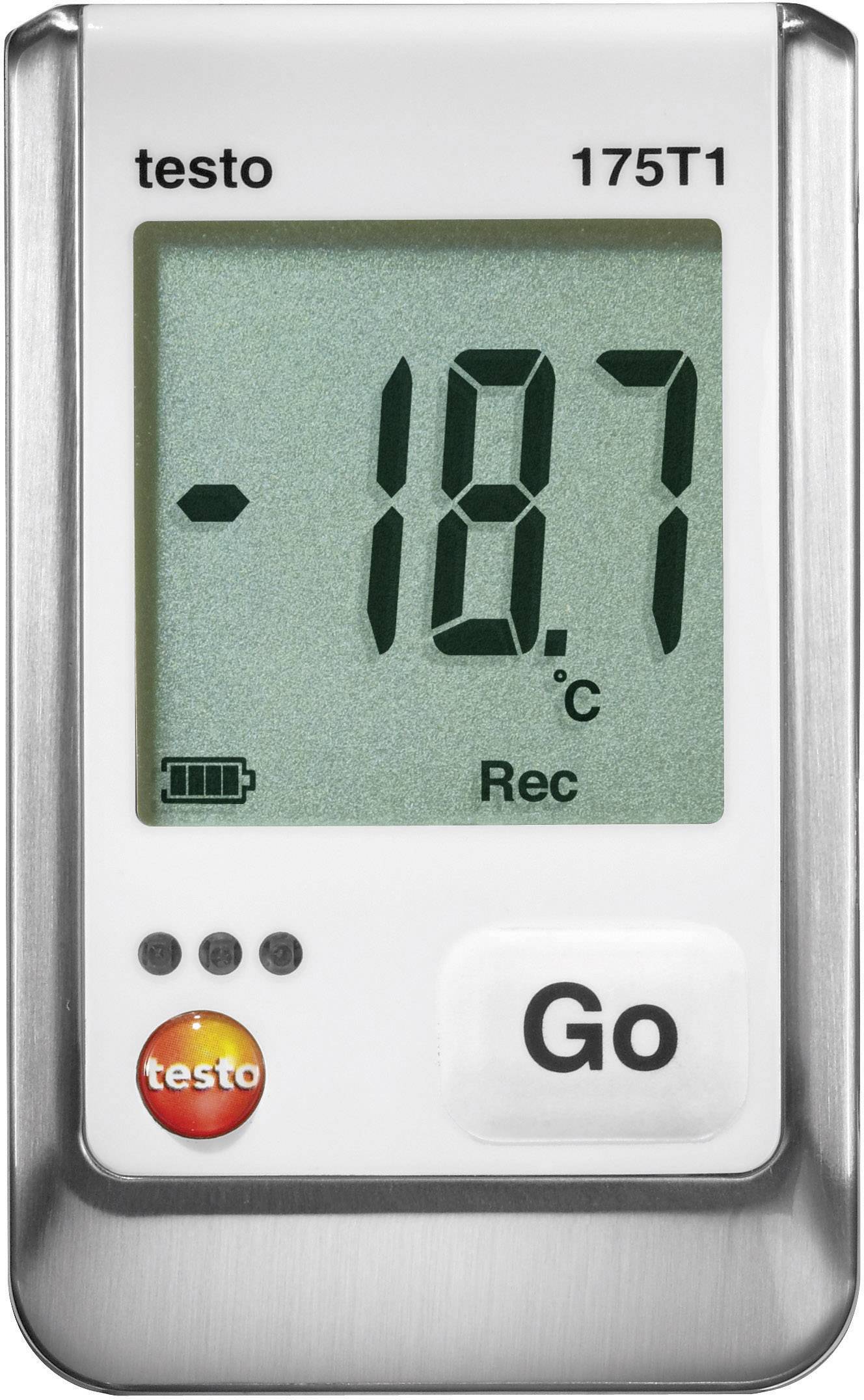 Temperatur-Datenlogger mit Display zeigt '-18,7 °C'. Taste mit der Aufschrift 'Go' und niedrigem Batteriestand-Symbol.