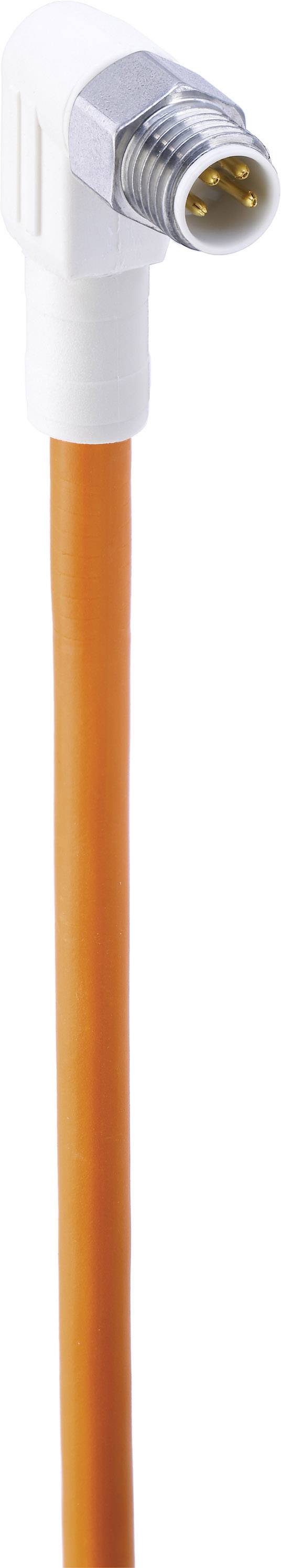 Ein orangefarbenes Koaxialkabel mit einem weißen, rechtwinkligen Stecker.