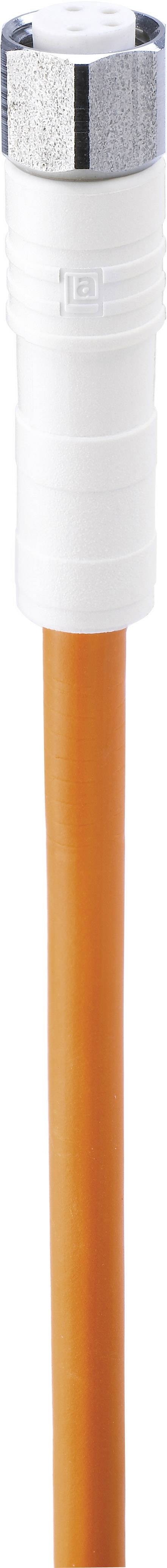 Ein orangefarbenes Koaxialkabel mit einem silbernen und weißen Stecker am Ende, typischerweise zur Übertragung von TV-Signalen.