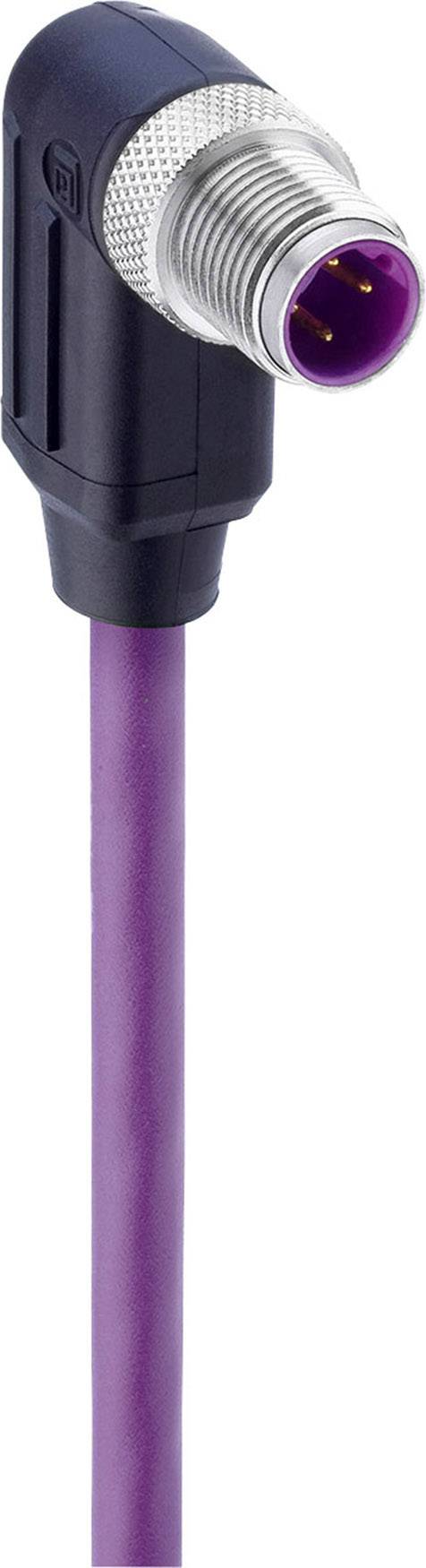 L-förmiger Stecker mit lila Kabel, schwarzem Gehäuse und silberner Metallummantelung, geeignet für industrielle Anschlüsse.