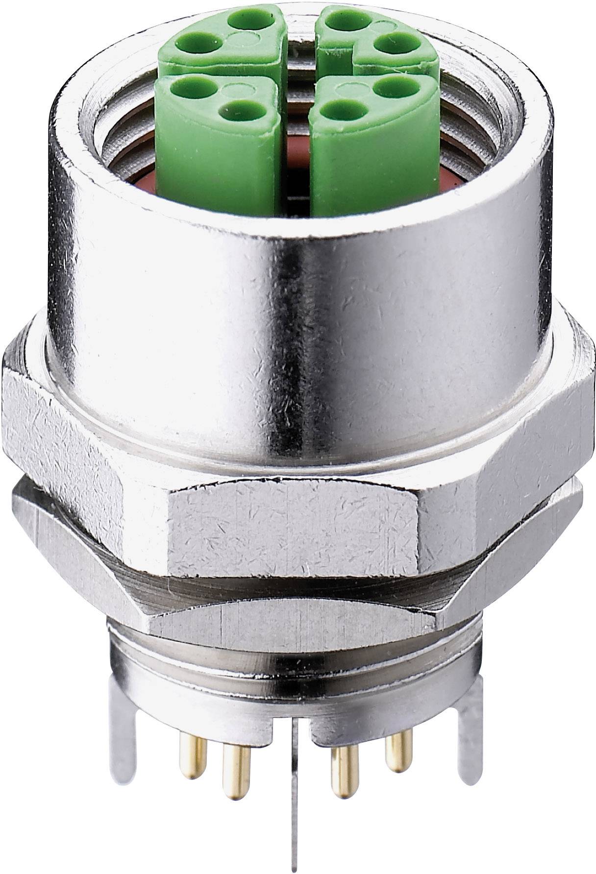 Ein metallischer Rundsteckverbinder mit grünen internen Kontakten und mehreren Anschlussstiften, wahrscheinlich für technische Anwendungen.