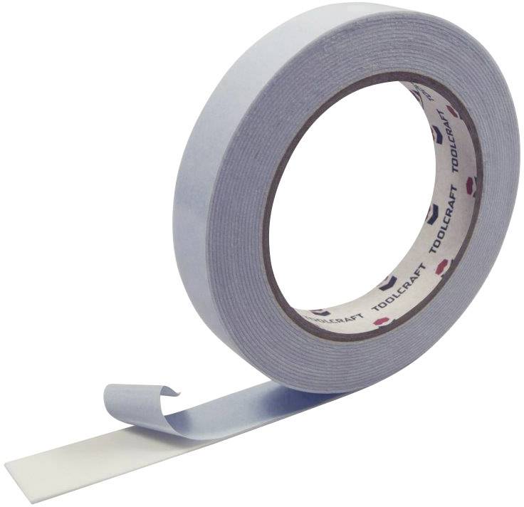 Eine Rolle doppelseitiges Klebeband von Toolcraft, teilweise abgerollt, zeigt die Klebekante.
