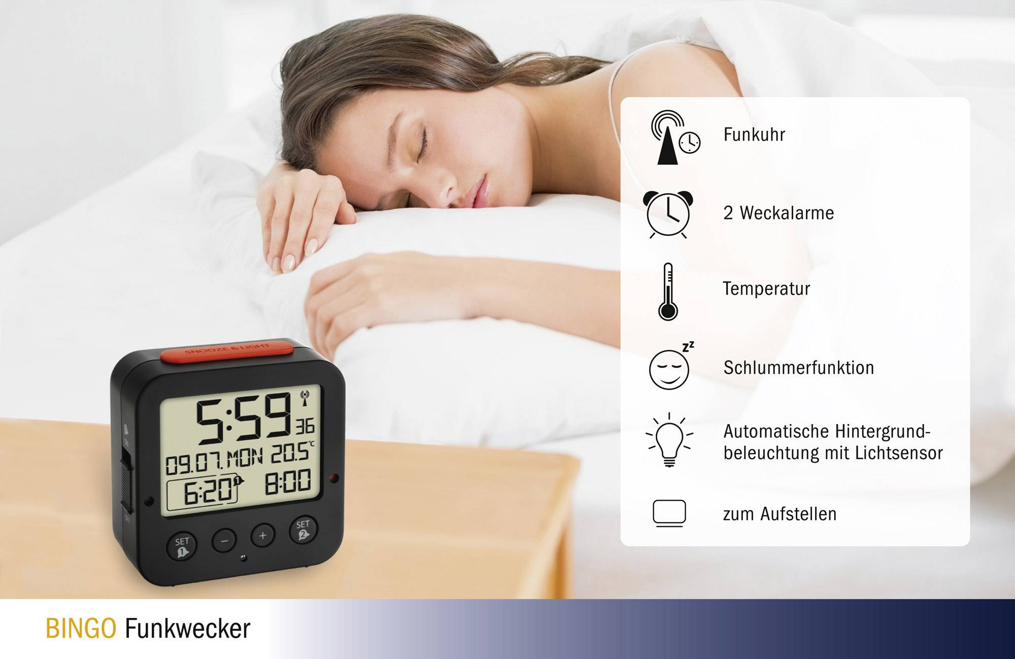 TFA Dostmann 60.2528.01 Funk Wecker Schwarz Alarmzeiten 2