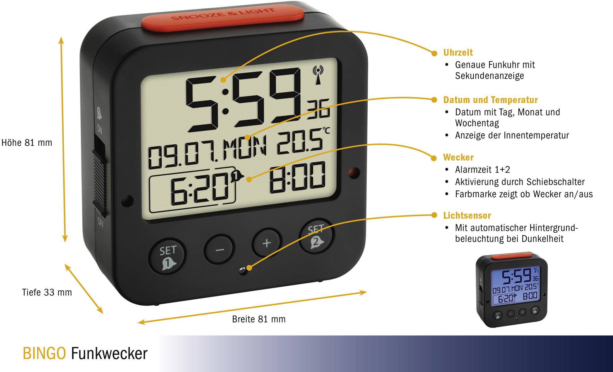 TFA Dostmann 60.2528.01 Funk Wecker Schwarz Alarmzeiten 2