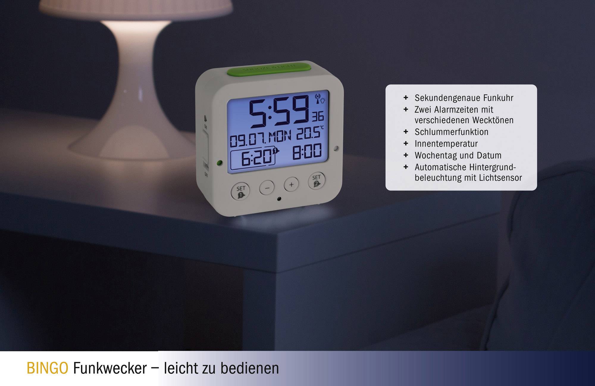 TFA Dostmann 60.2528.01 Funk Wecker Schwarz Alarmzeiten 2