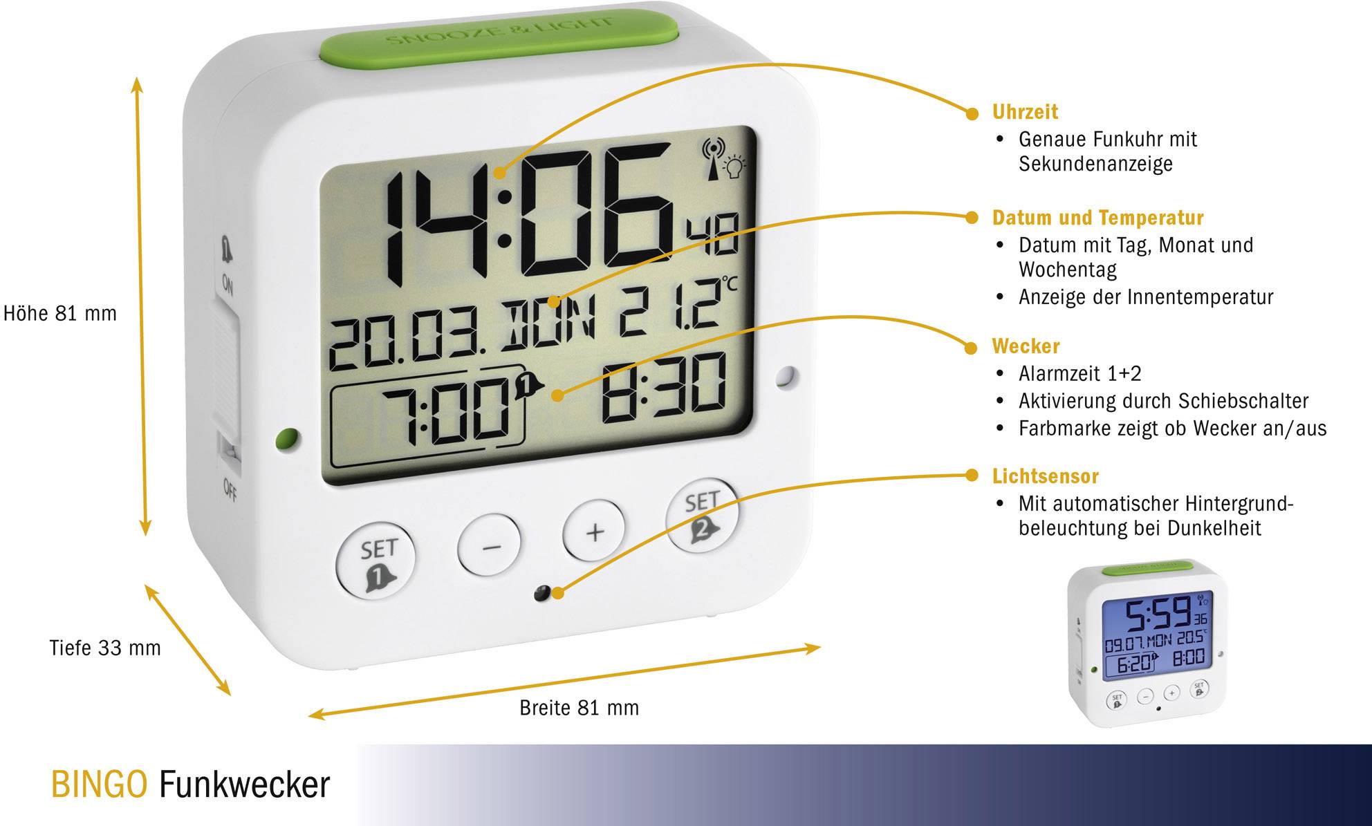 TFA Dostmann 60.2528.02 Funk Wecker Weiß, Grün Alarmzeiten 2