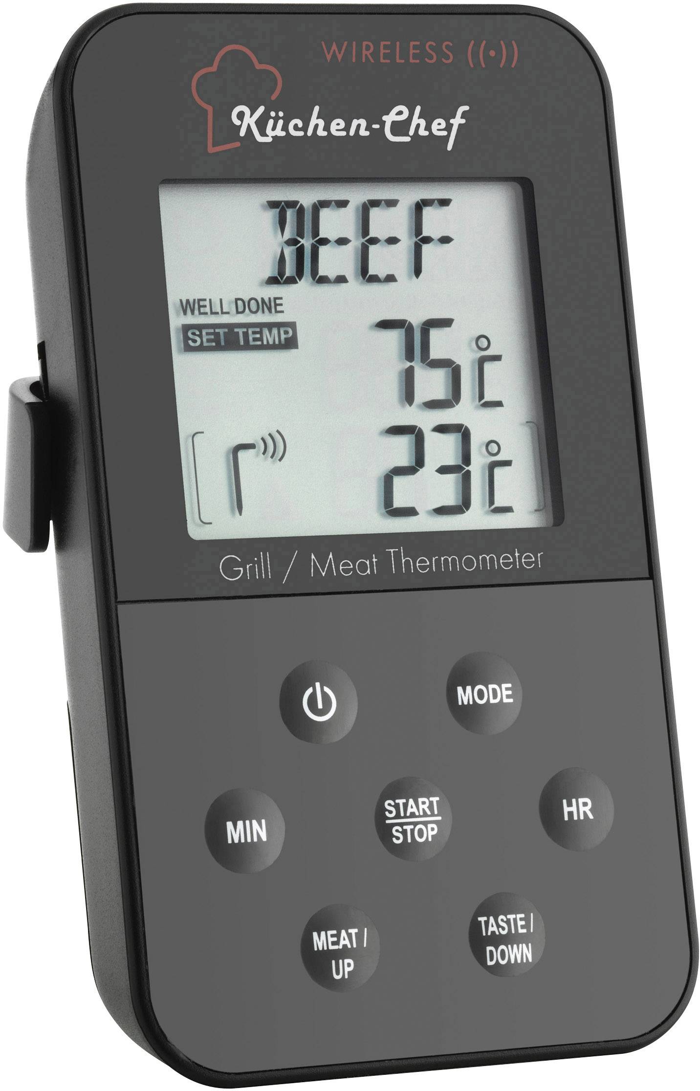 TFA Dostmann 14.1504 Grill-Thermometer Kabelsensor, Alarm, mit Timer, Überwachung der Kerntemperatur Niedergaren, Schwein, Rind, Reh, Pute, Lamm, Ka