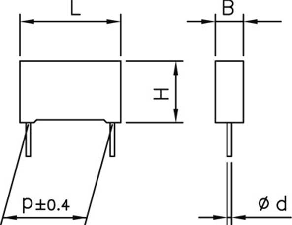 Technische Zeichnung eines elektronischen Bauteils mit Längenangaben: Länge (L), Breite (B), Höhe (H), Teilung (p ± 0,4), Bohrungsdurchmesser (Ø d).