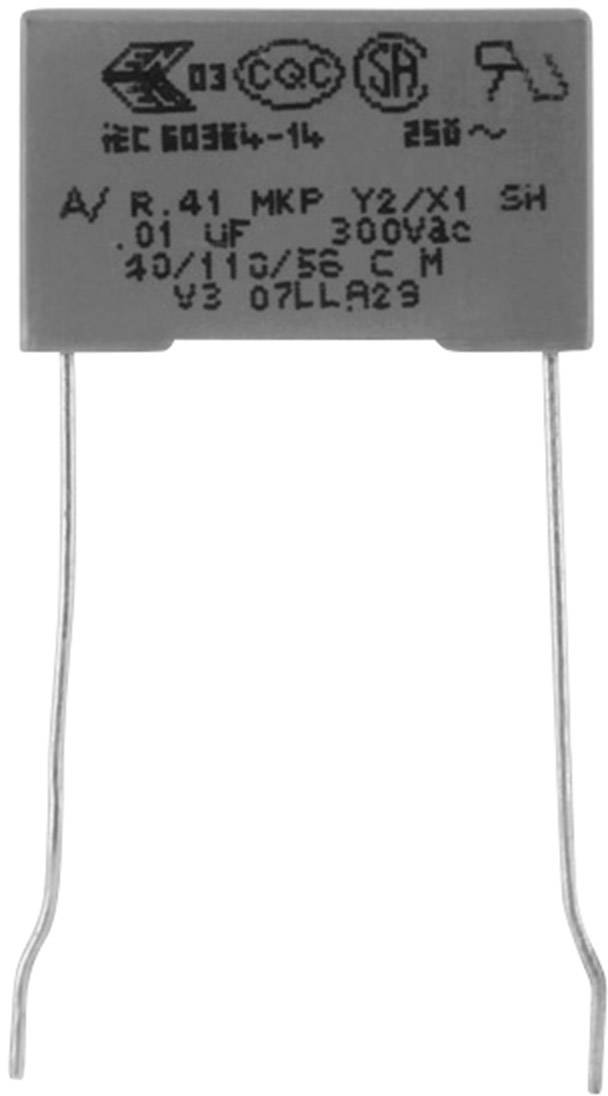 Grauer Folienkondensator mit Aufdrucken: 275V~, 0,1µF, 40/110/56 C-M, Sicherheitszertifizierungen und Herstellercodes sichtbar.