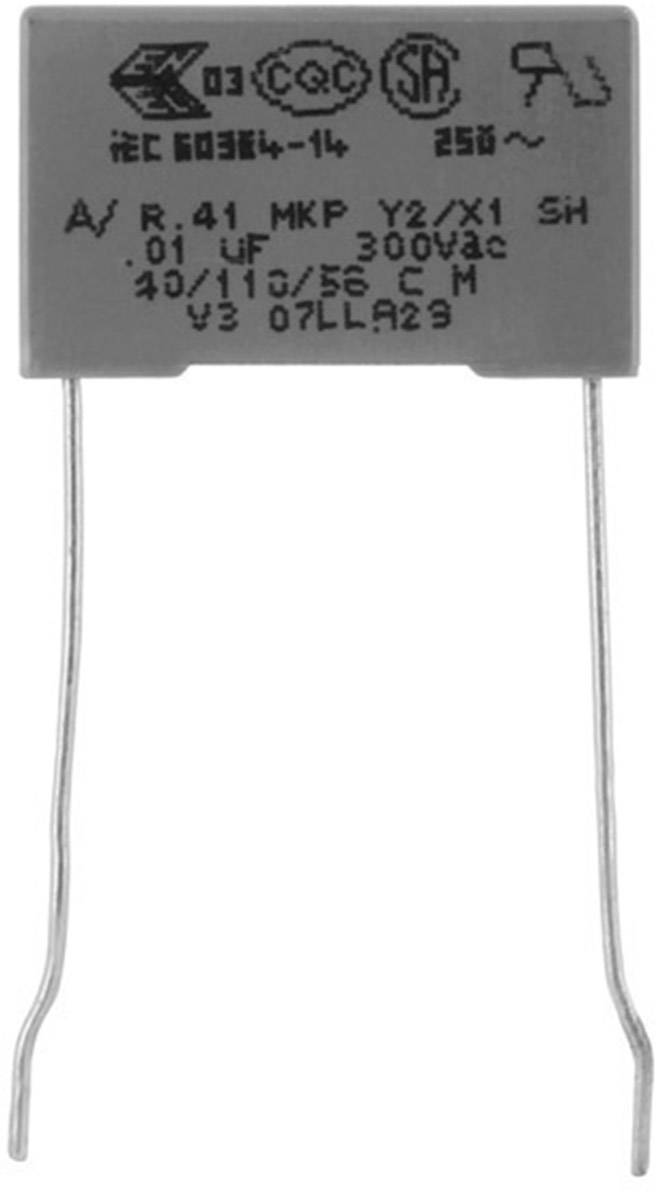 Grauer Kondensator mit zwei Drahtanschlüssen. Aufschrift: 'IEC 60384-14', '250V', '.01 uF', '300Vac', '40/110/56'. CE- und UL-Zeichen.
