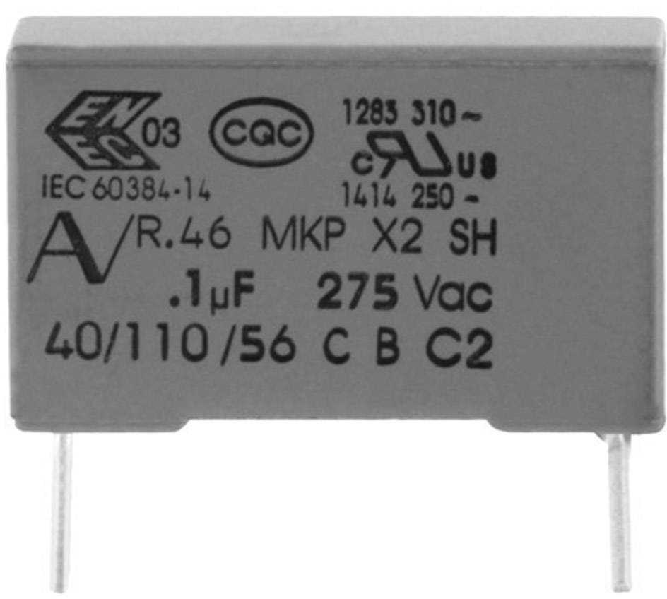 Ein rechteckiger Kondensator mit zwei Anschlüssen, beschriftet mit technischen Spezifikationen wie '0,1 µF 275 Vac'.