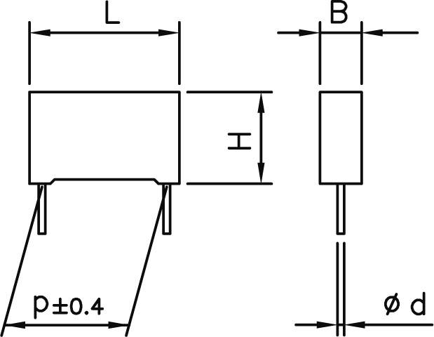 Technische Zeichnung eines rechteckigen Komponentenmodells mit Maßen: Länge (L), Breite (B), Höhe (H), Abstand (p), Durchmesser (d).