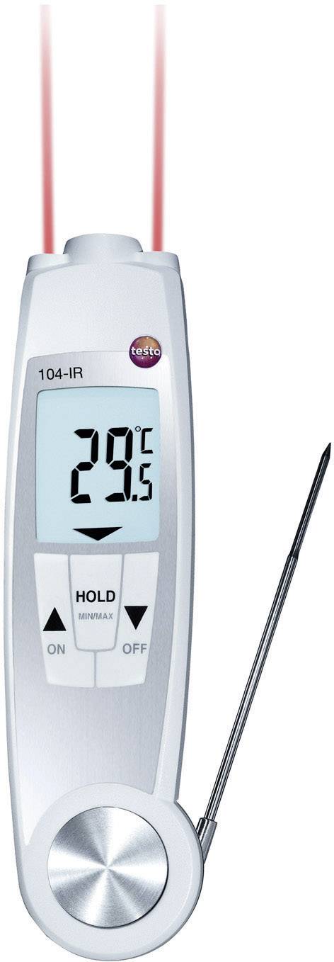 Digitales Küchenthermometer mit Display zeigt 29°C an und hat eine ausklappbare Metallsonde sowie Laserfunktion zur Temperaturmessung.