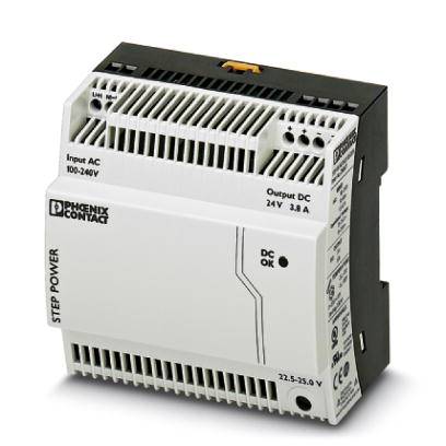 Stromversorgungseinheit mit Markierung 'Phoenix Contact'. Eingang: 100-240V AC, Ausgang: 24V, 3.8A DC. Bezeichnung: Step Power.