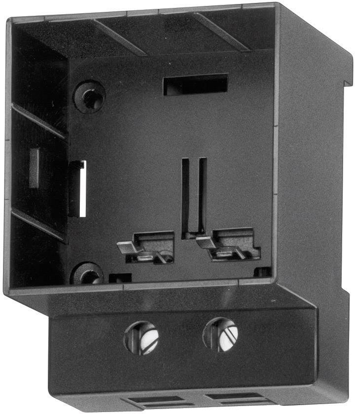 Eine schwarze, rechteckige Hutschienenhalterung mit zwei Schrauben an der Unterseite, geeignet zur Befestigung elektrischer Geräte.