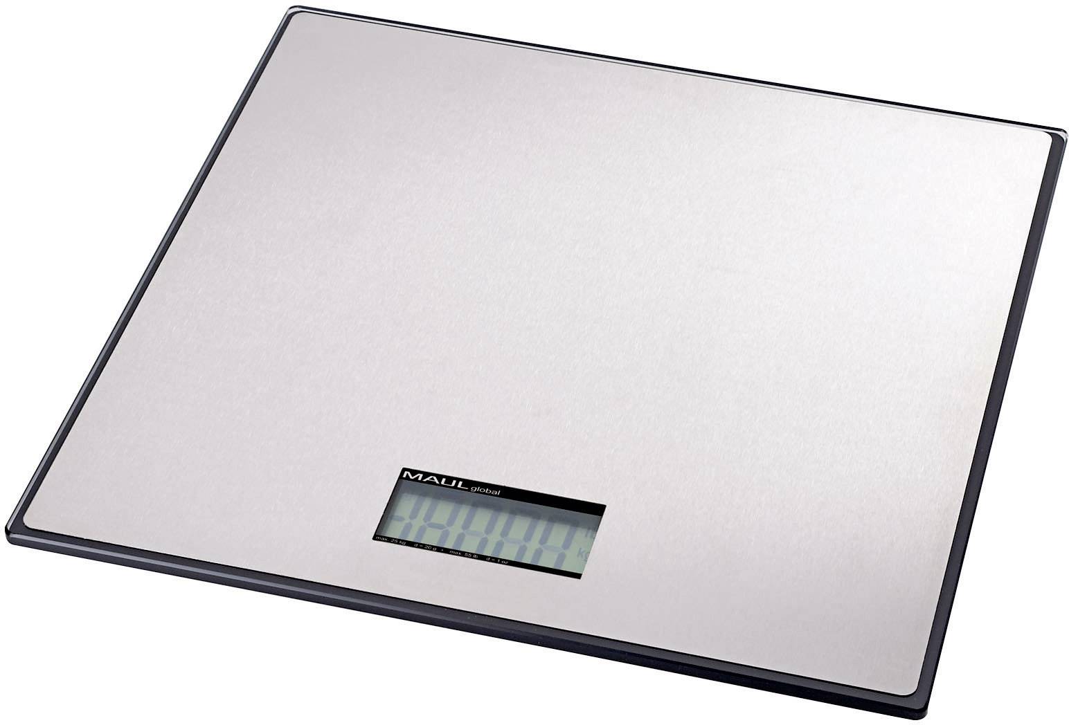 Digitale Badezimmerwaage in modernem Design, flache silberne Oberfläche mit quadratischer Form und digitalem Display unten.