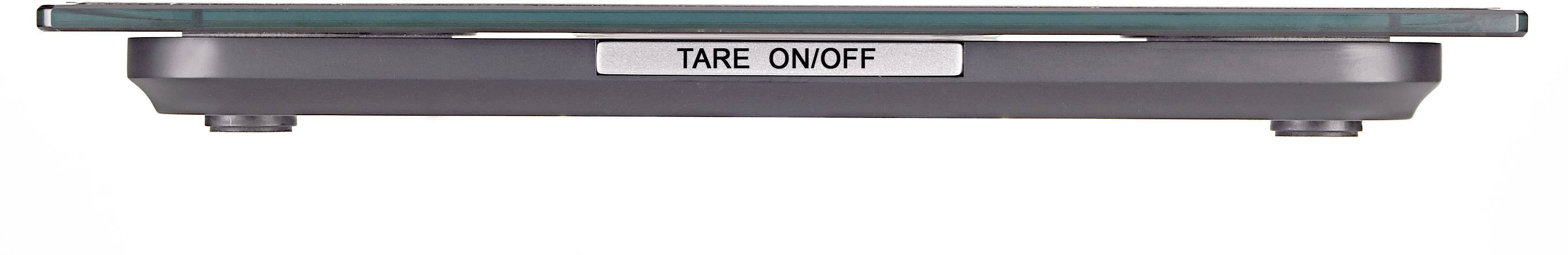 Flache elektronische Waage von der Seite gesehen mit der Aufschrift 'Tare On/Off'.