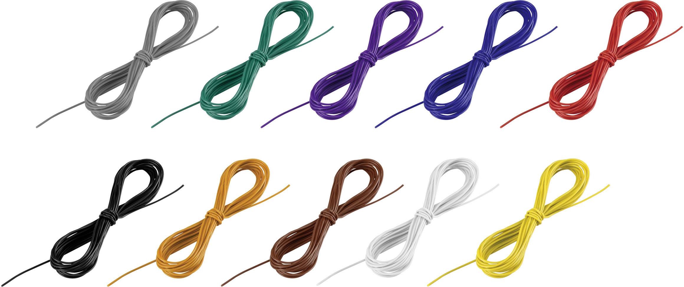 Zehn Kabel in verschiedenen Farben (grau, grün, blau, lila, rot, schwarz, orange, braun, weiß, gelb) in regelmäßigen Schlaufen.