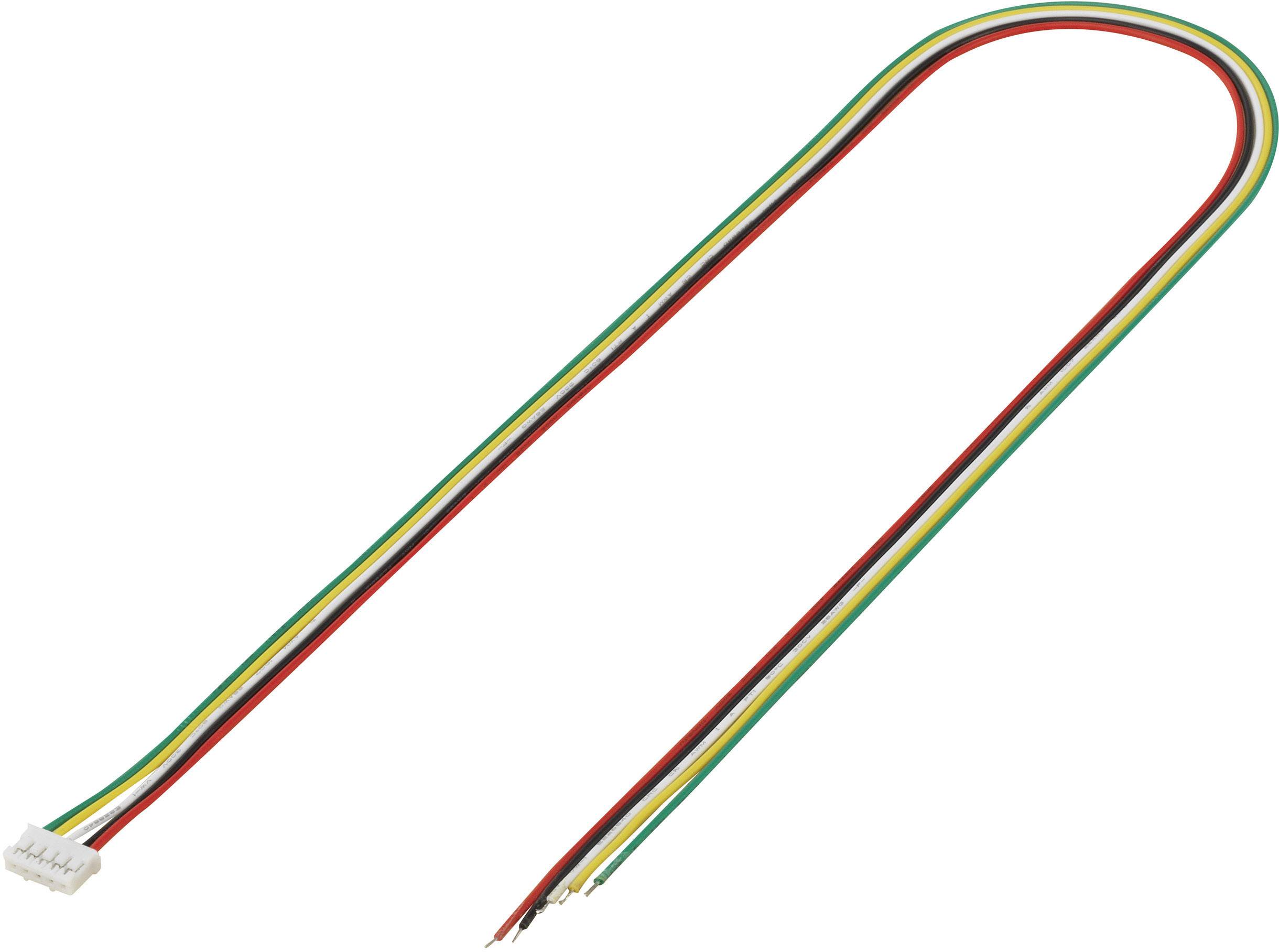 Mehrfarbiges Jumper-Kabel mit vier Drähten in Rot, Grün, Gelb und Schwarz. Ein Stecker ist an einem Ende befestigt.