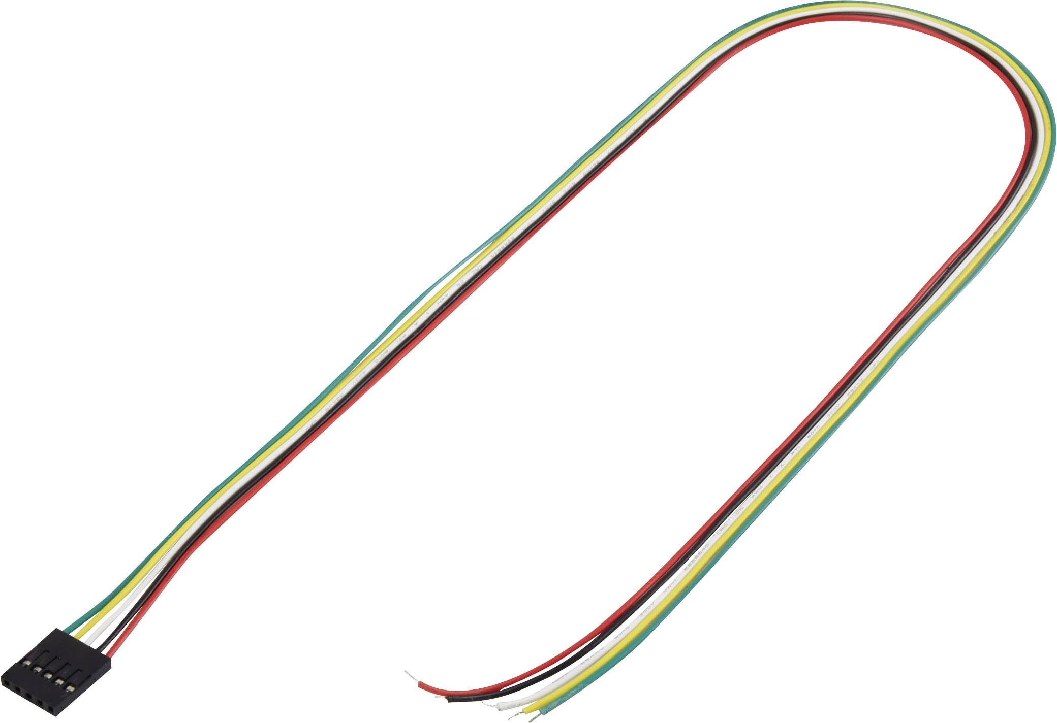 Vierfarbiges Kabel mit schwarzem Stecker an einem Ende und offenen Leitern am anderen. Farben: Schwarz, Rot, Gelb, Grün.