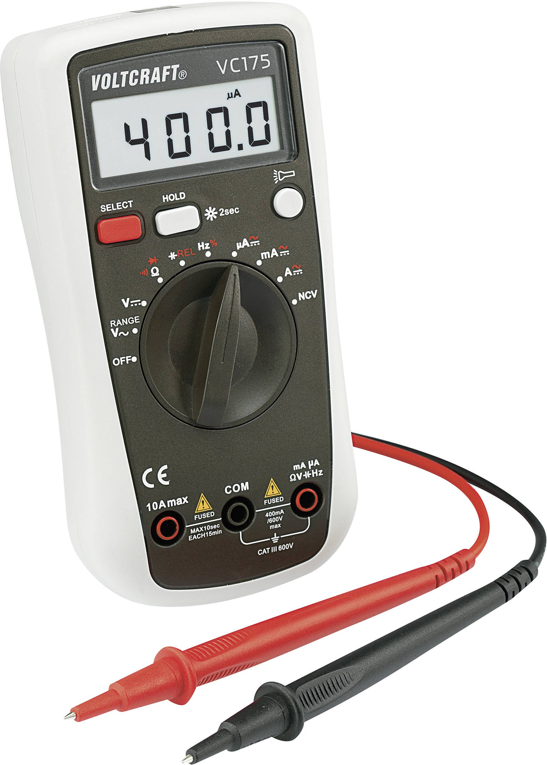 Digitalmultimeter Voltcraft VC175 zeigt Anzeige '400,0 µA'. Schalter auf Gleichstrombereich. Messkabel in Rot und Schwarz angeschlossen.