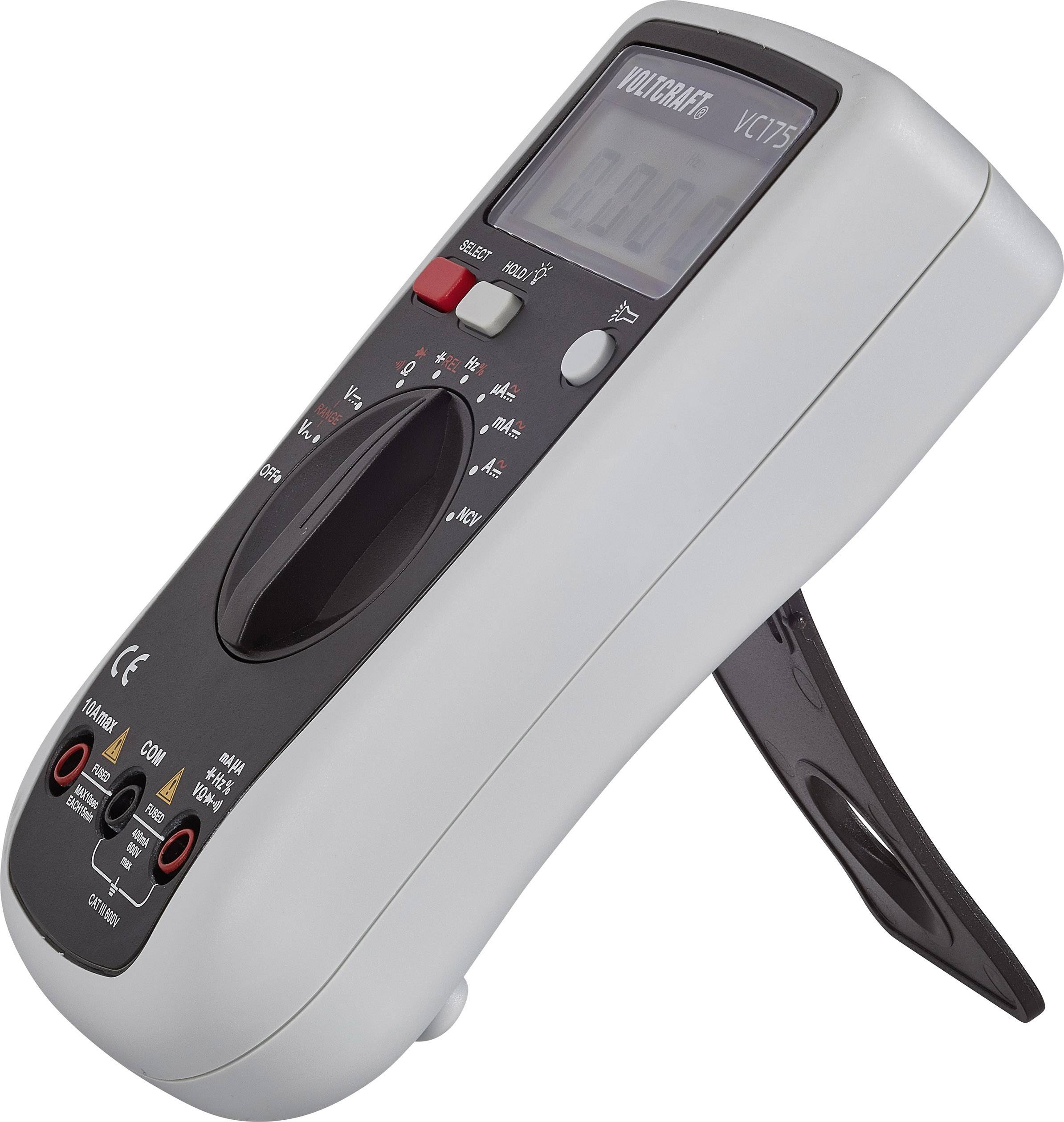 Ein digitales Multimeter in einem Kunststoffgehäuse mit einem großen Display, das auf einem ausklappbaren Ständer steht.