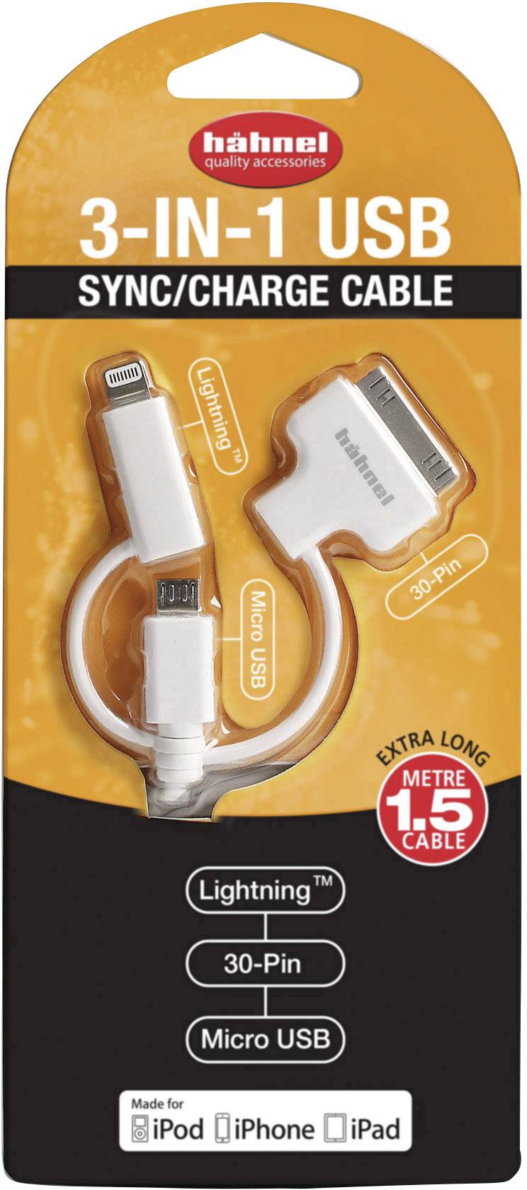 Hähnel Fototechnik USB-Ladekabel USB-A Stecker, Apple Lightning Stecker, USB-Micro-B Stecker, Apple 30pol. Stecker 1.50m Weiß