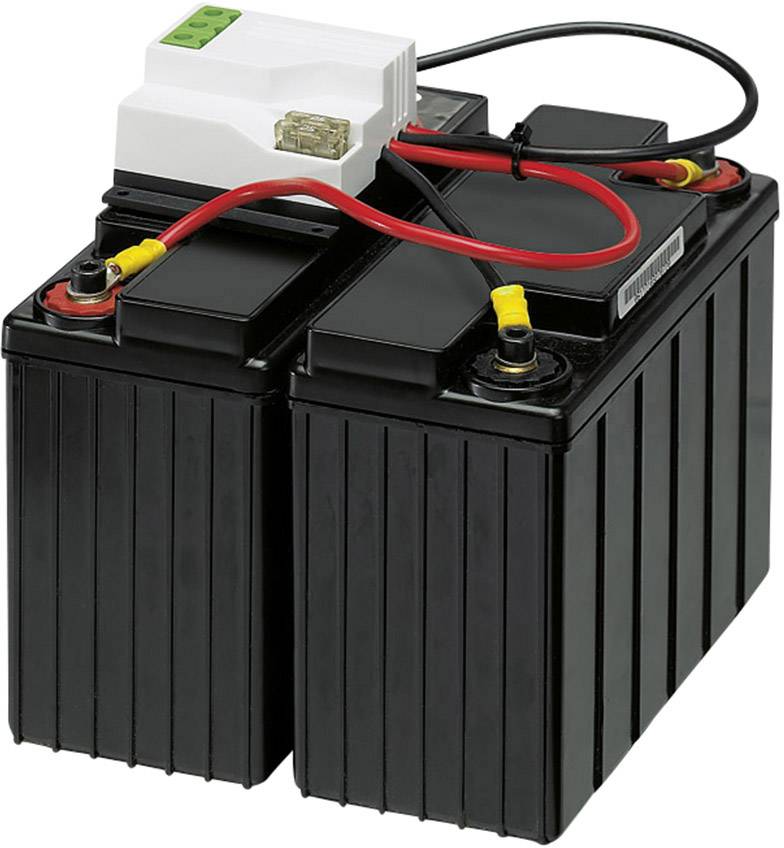 Zwei schwarze Batterien mit rotem und schwarzem Kabel verbunden, ein weißer Steckmechanismus oben; typisches Batteriepaar.