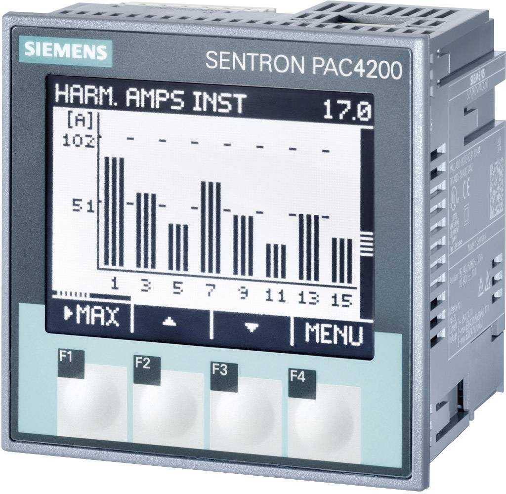 Strommessgerät Siemens SENTRON PAC4200 mit grafischer Anzeige von harmonischen Strömen in Balkendiagramm.