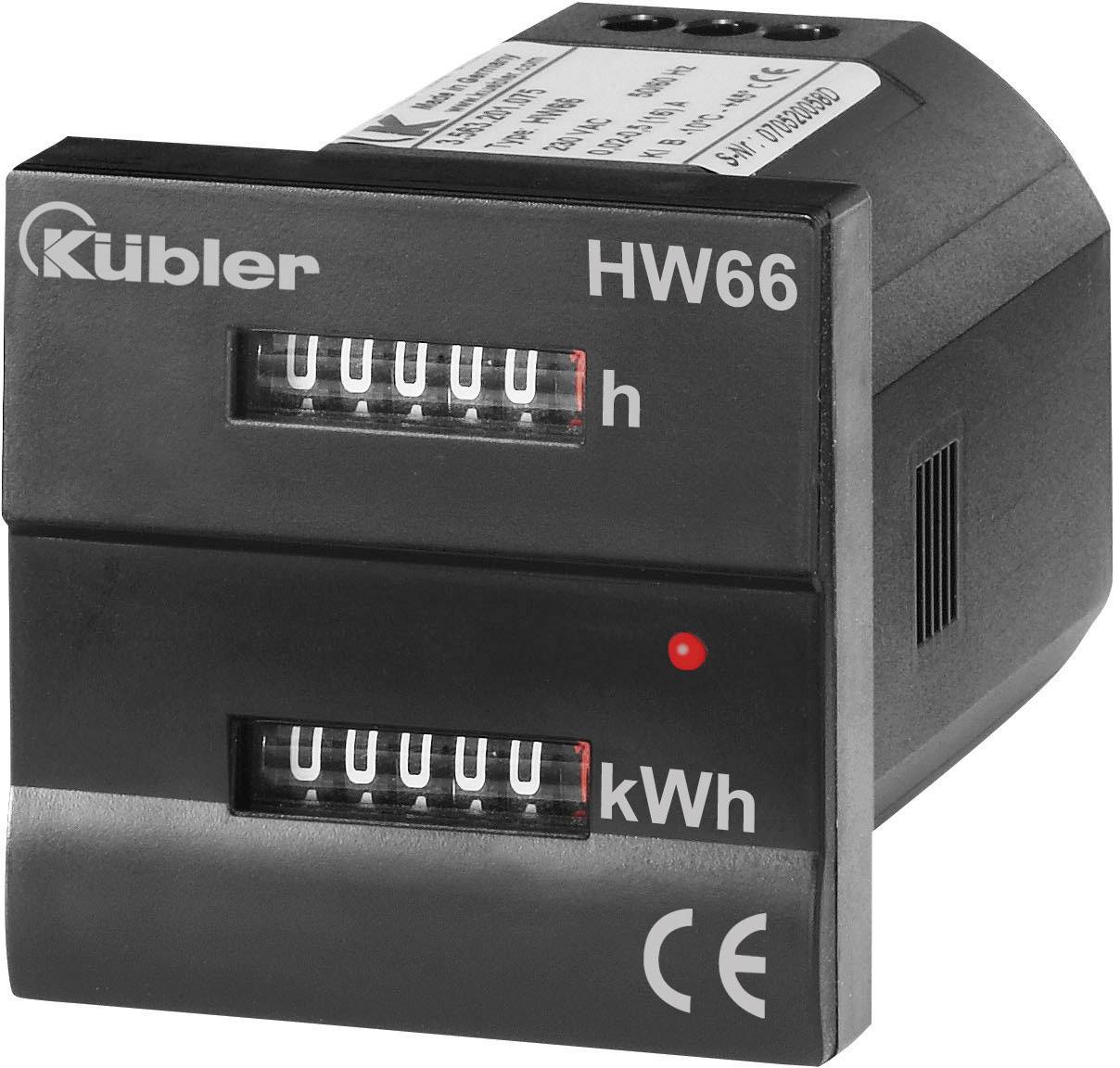 'Kübler HW66' Betriebsstundenzähler mit CE-Kennzeichnung, zeigt Verbrauch in Stunden (h) und Kilowattstunden (kWh) an.