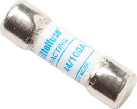 Sicherung mit der Aufschrift '44/100A Littelfuse Fast-Acting', silbern mit weißem Etikett, für elektronische Schutzanwendungen.