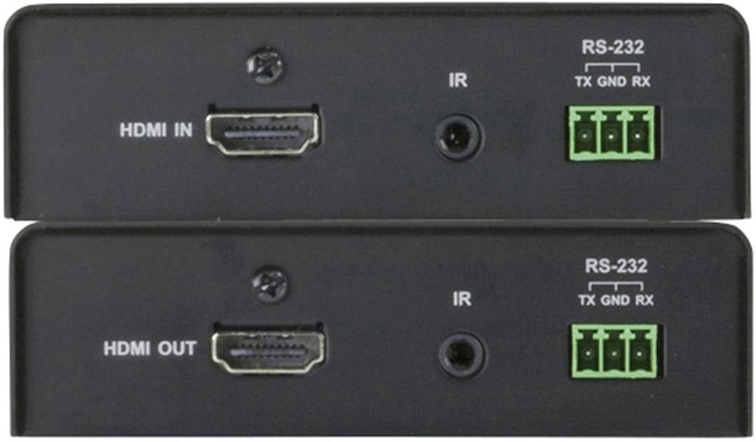 Zwei Geräte mit HDMI-Eingang und -Ausgang, IR-Anschluss und RS-232-Schnittstellen für TX, GND, RX-Anschlüsse.