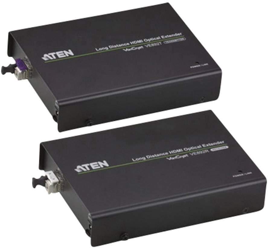 Zwei schwarze HDMI-Extender der Marke ATEN, Modell VE892, zur Erweiterung von HDMI-Signalen über große Entfernungen mit optischem Kabel.